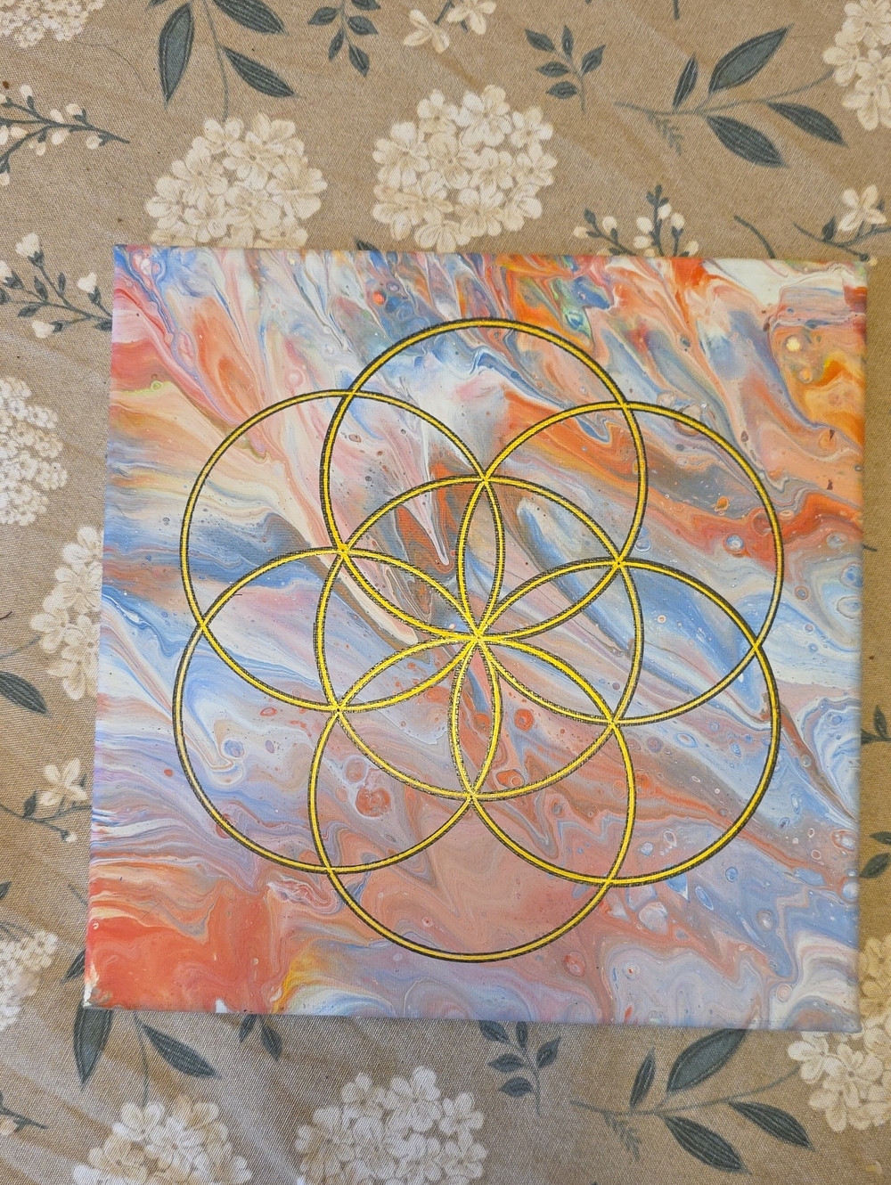 Gold Geometric Flower of Life Canvas Art - Multicolor Abstract Home Art 10x10